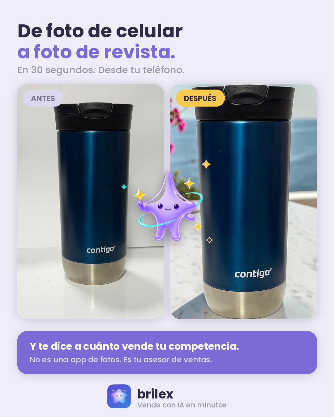 Antes y después de un termo Contigo fotografiado con celular vs. foto tipo revista