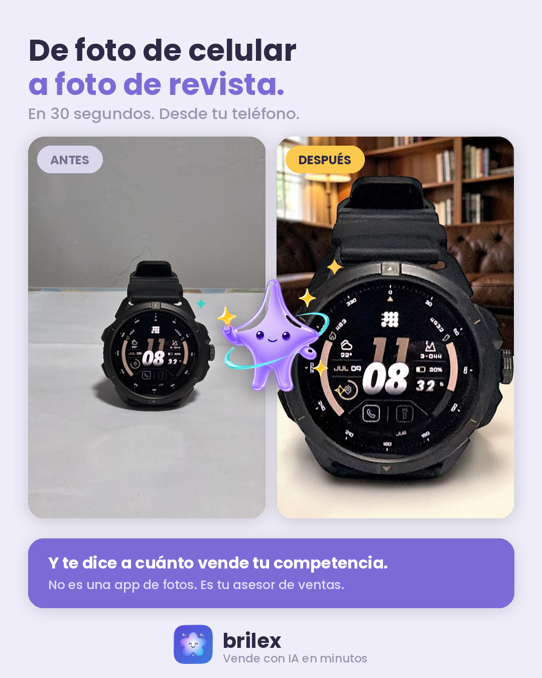 Antes y después de un smartwatch sobre una mesa vs. foto tipo revista