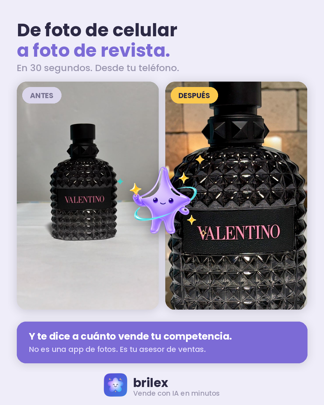 Antes y después de un perfume Valentino fotografiado con celular vs. foto tipo revista