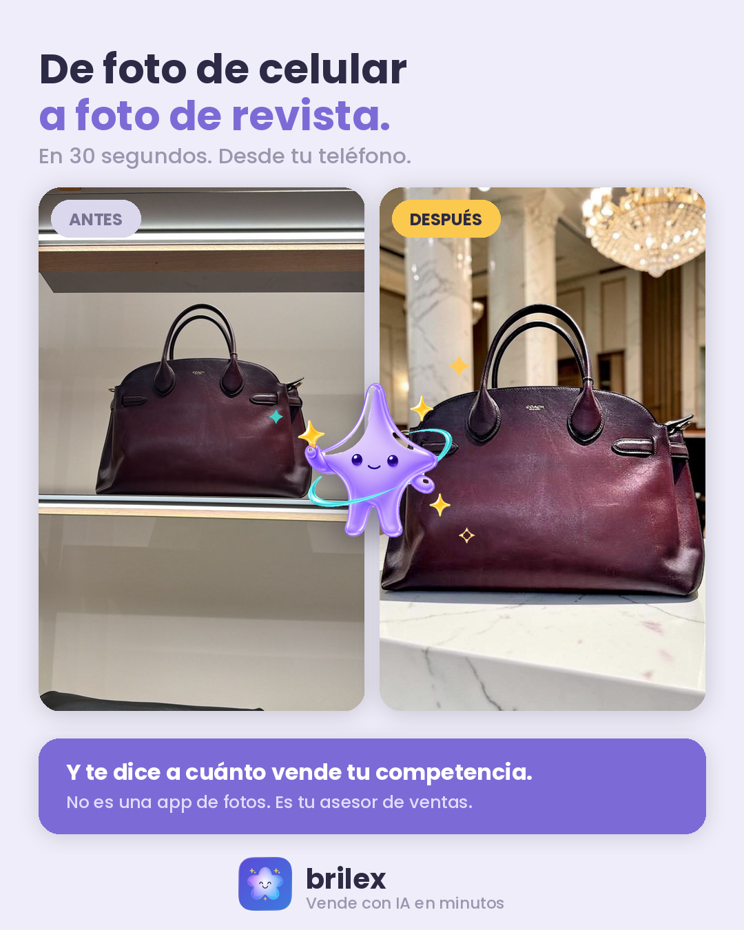 Antes y después de una cartera Coach fotografiada con celular vs. foto tipo revista